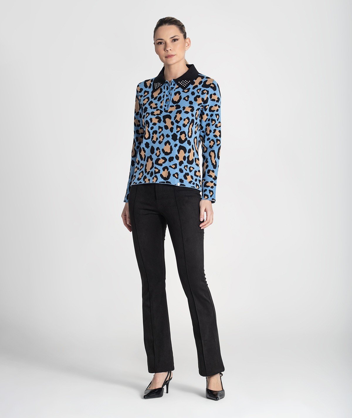 Camisola gola polo print leopardo