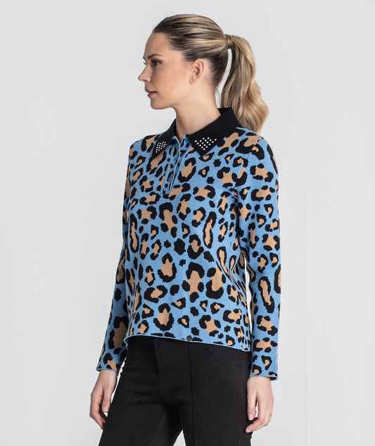 Camisola gola polo print leopardo
