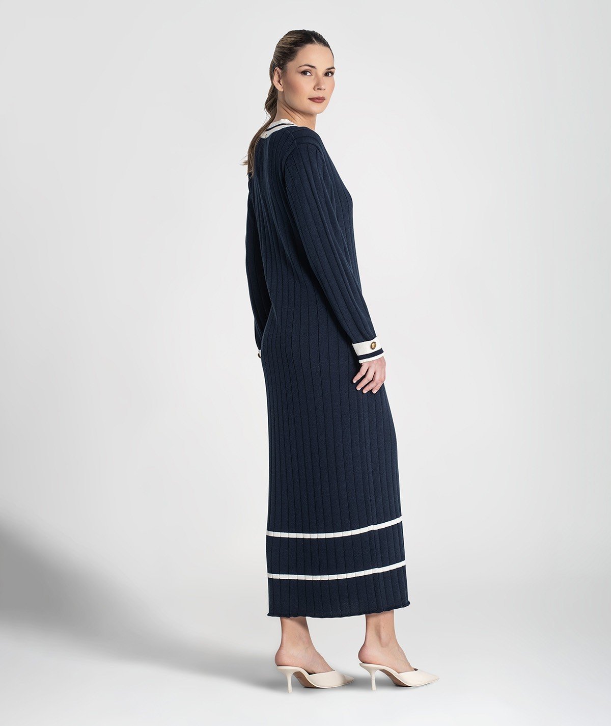 Vestido longo canelado com listras contrastantes (+ cores)