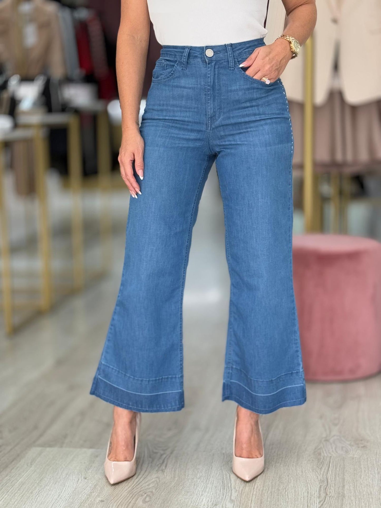 Calça de ganga wide leg cropped