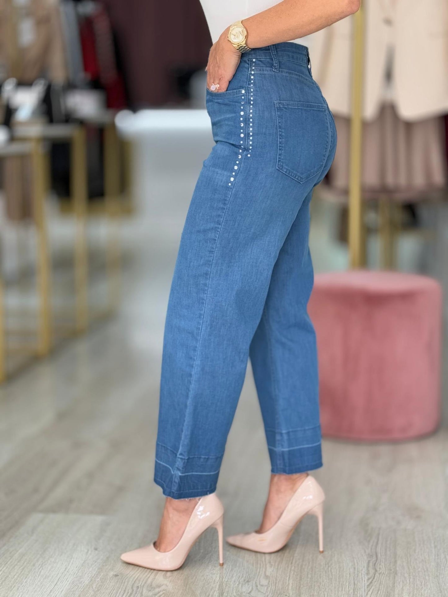 Calça de ganga wide leg cropped