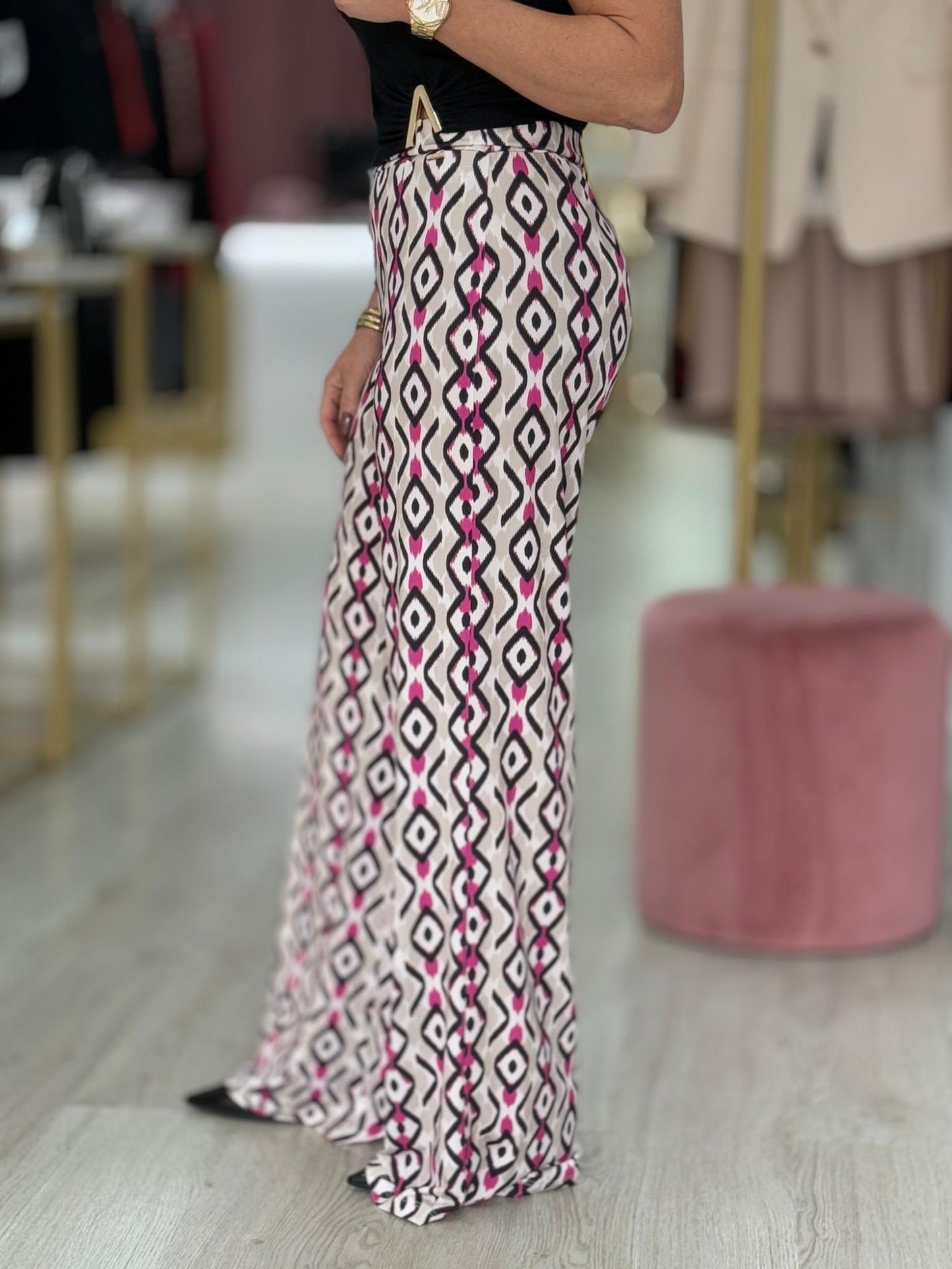 Calça Wide Leg em Malha Estampada