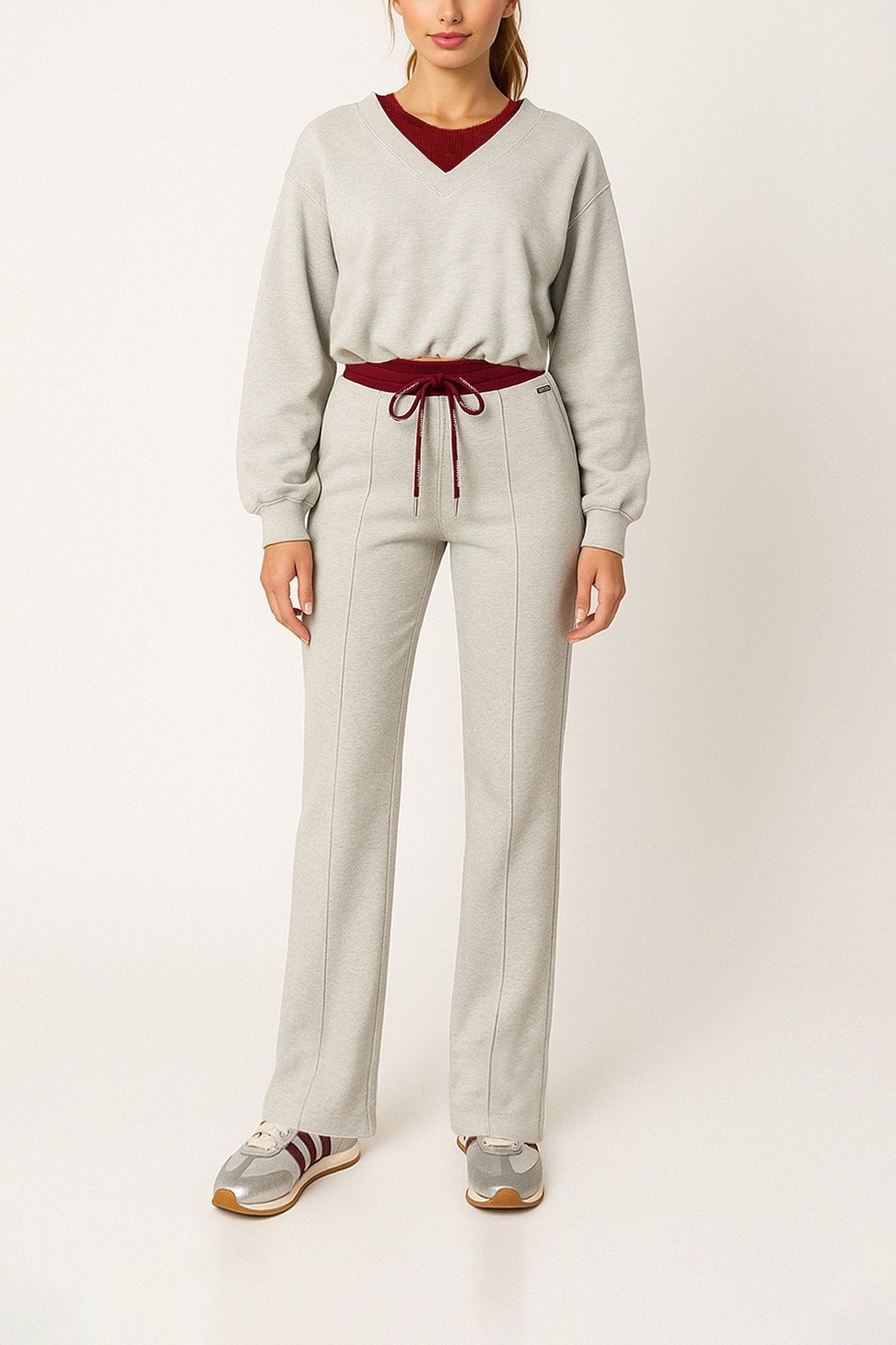 Sweatshirt cropped em cinzento com decote em V
