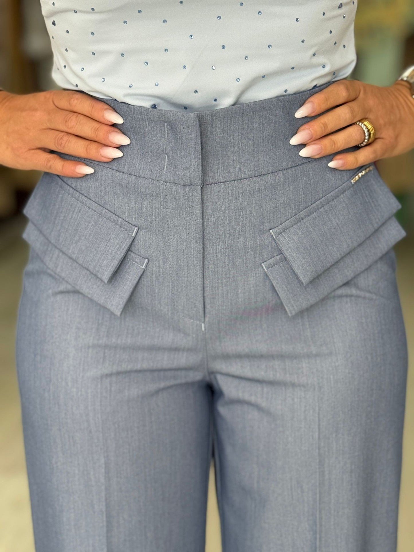 Calças azul denim pala dupla