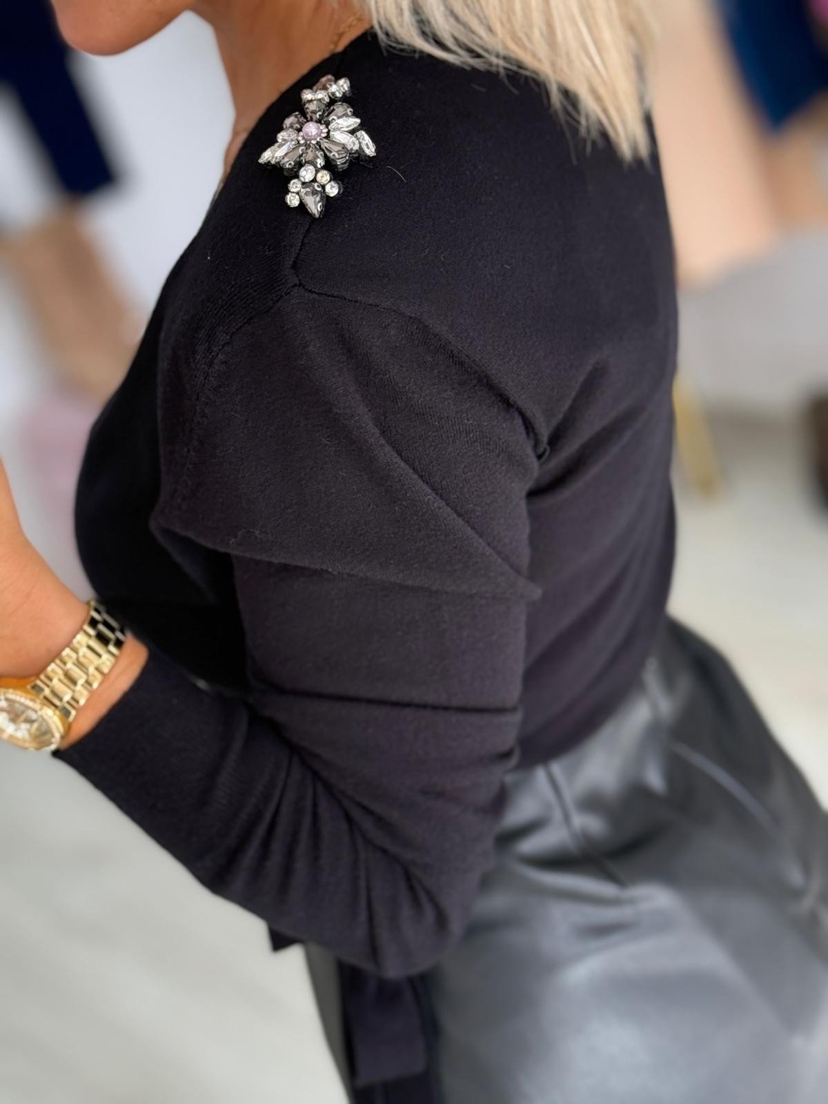 Camisola de trespasse com pedraria