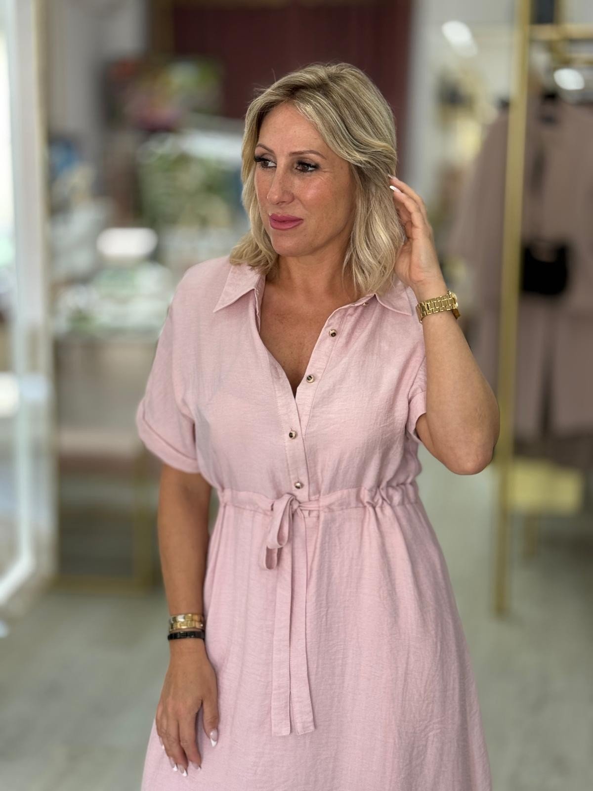 Vestido midi em mistura de linho com cintura ajustável (+ cores)