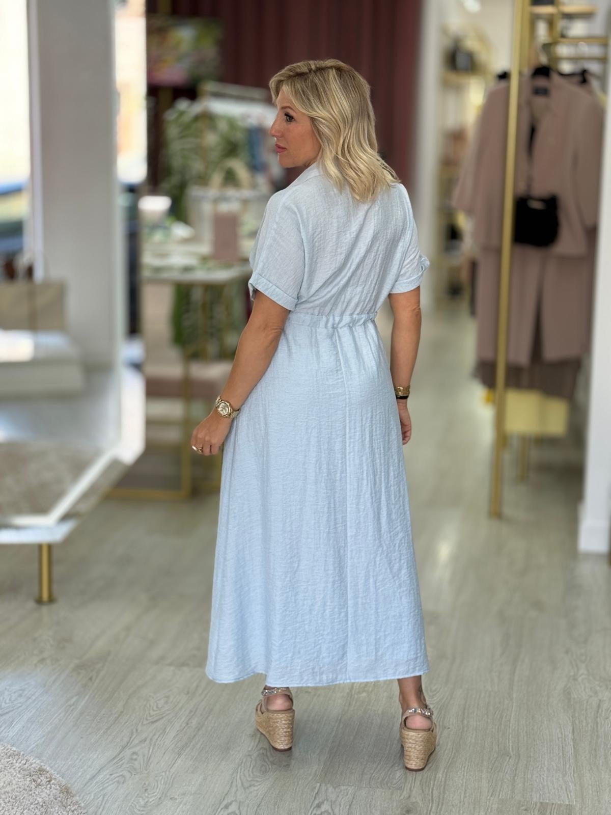 Vestido midi em mistura de linho com cintura ajustável (+ cores)