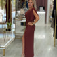 Vestido comprido drapeado com detalhe cut-out