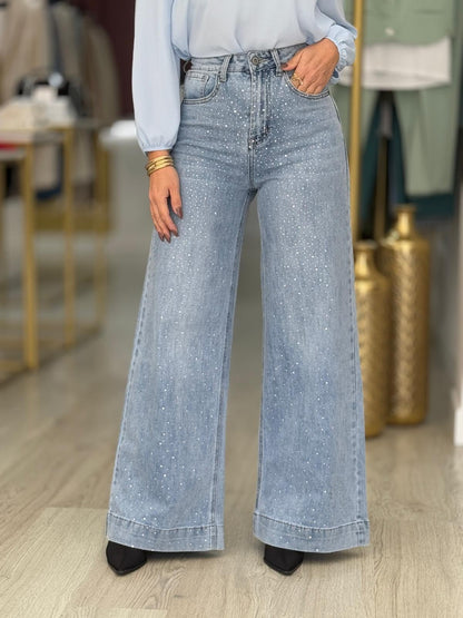 Jeans wide leg com brilhos