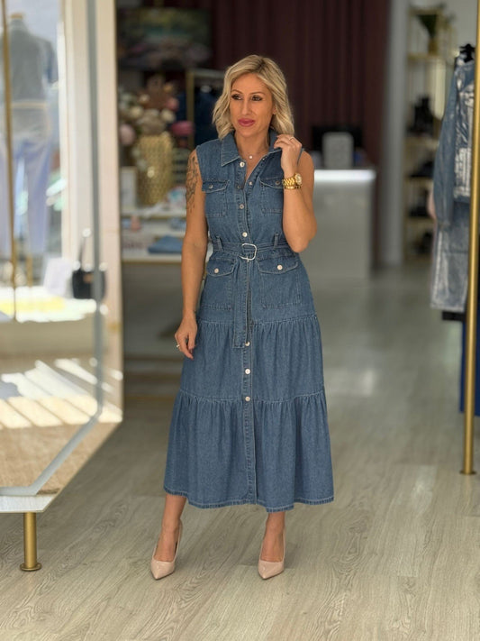 Vestido comprido de ganga