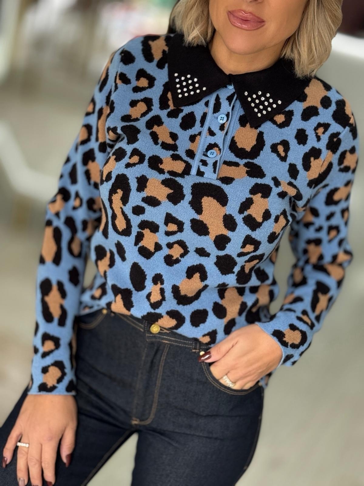 Camisola gola polo print leopardo