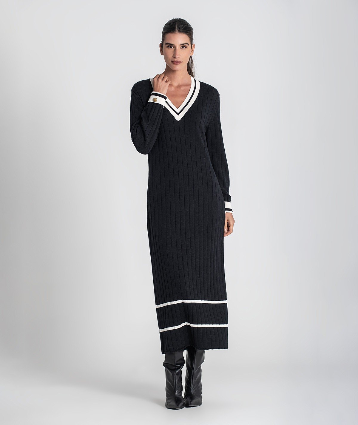 Vestido longo canelado com listras contrastantes (+ cores)