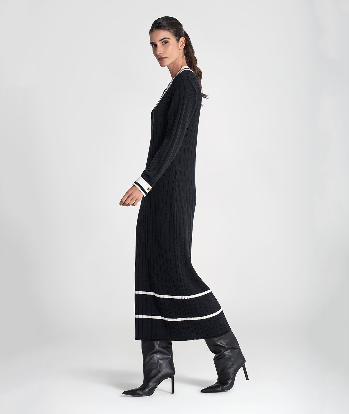 Vestido longo canelado com listras contrastantes (+ cores)