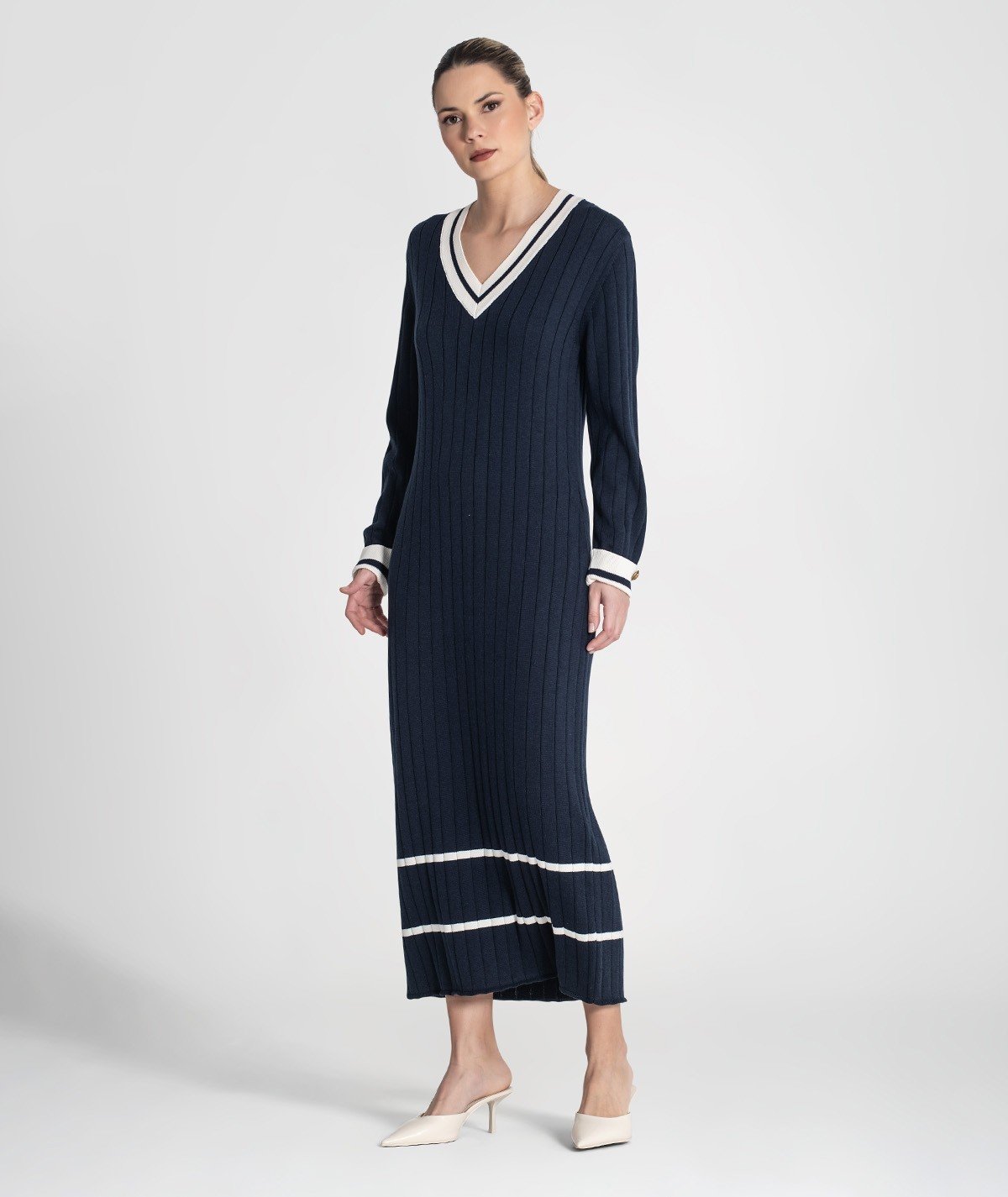 Vestido longo canelado com listras contrastantes (+ cores)