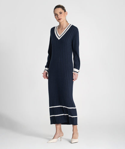 Vestido longo canelado com listras contrastantes (+ cores)