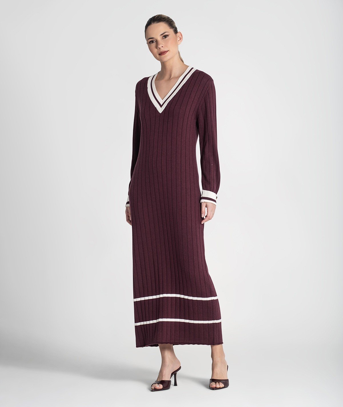 Vestido longo canelado com listras contrastantes (+ cores)