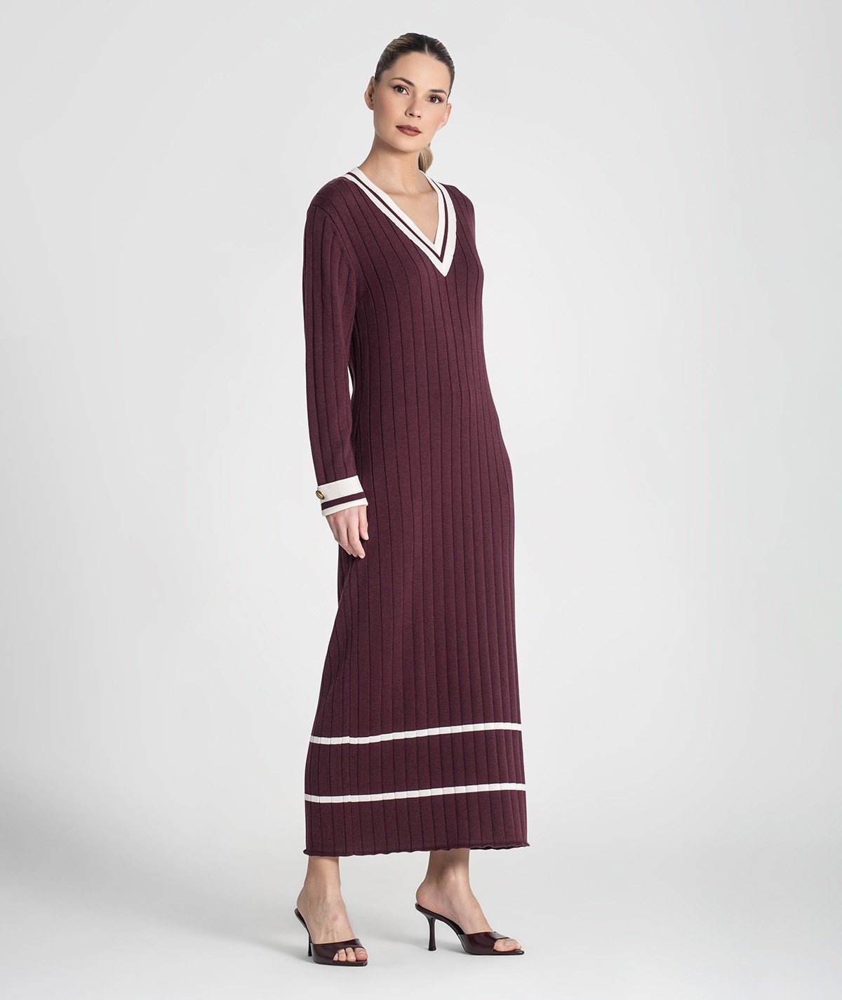 Vestido longo canelado com listras contrastantes (+ cores)