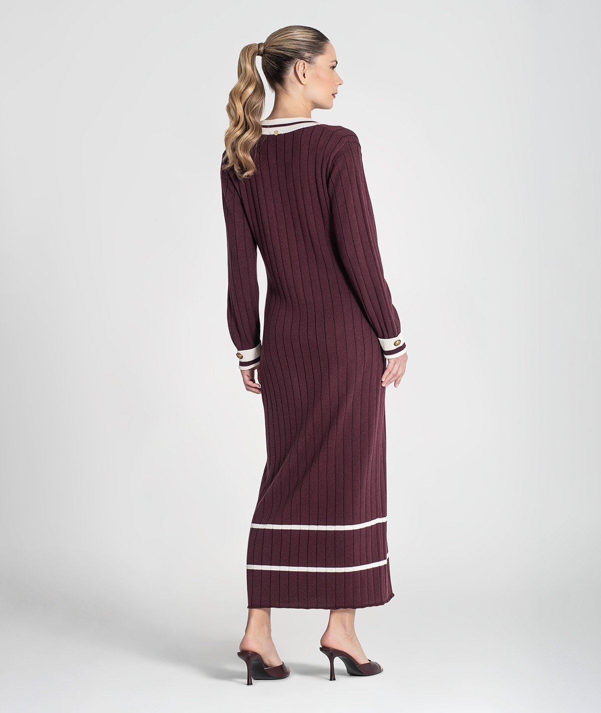 Vestido longo canelado com listras contrastantes (+ cores)