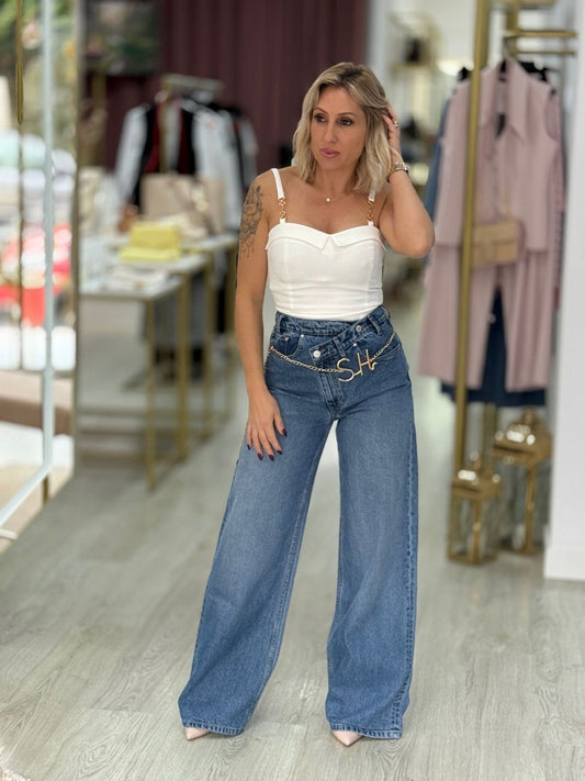 Calças de ganga cintura cruzada