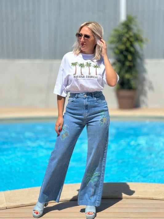 Calça Jeans Wide Leg Super Alta Cropped Bordada