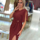 Vestido comprido drapeado com detalhe cut-out