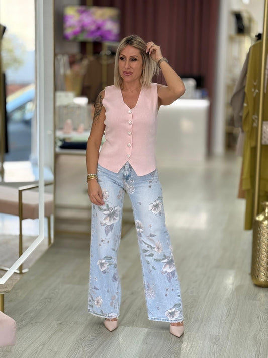 Calças de ganga estampada