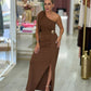Vestido comprido assimétrico com detalhe dourado (+Cores)