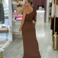 Vestido comprido assimétrico com detalhe dourado (+Cores)