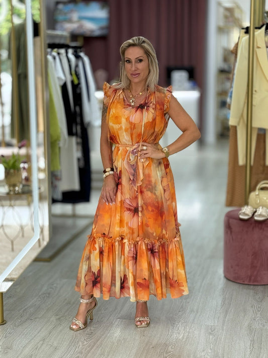 Vestido midi com padrão floral