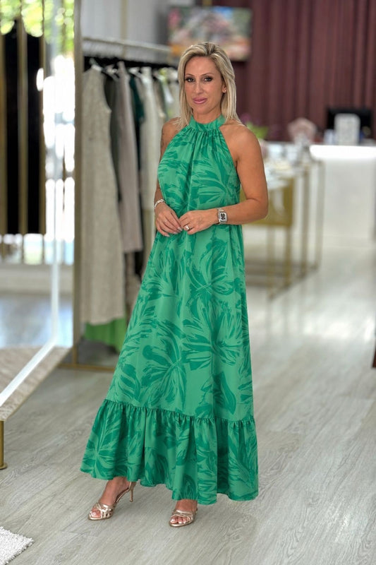 Vestido comprido estampado com decote halter