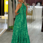Vestido comprido estampado com decote halter
