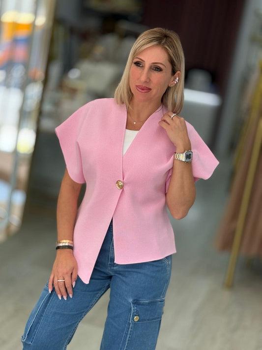 Casaco de malha assimétrico de manga curta (+ cores)