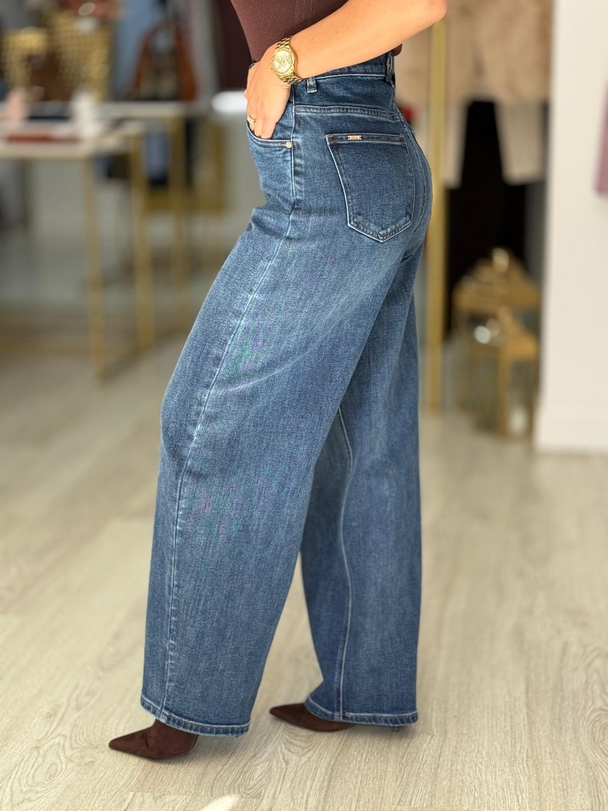 Calça de sarja com algodão de cintura subida