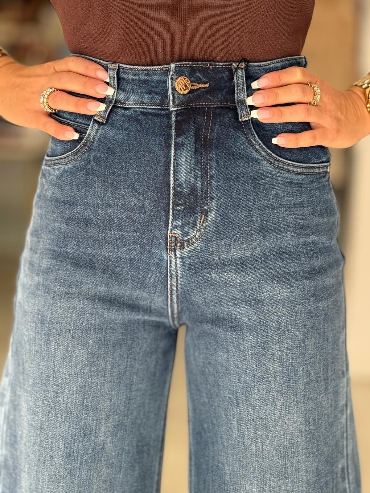 Calça de sarja com algodão de cintura subida