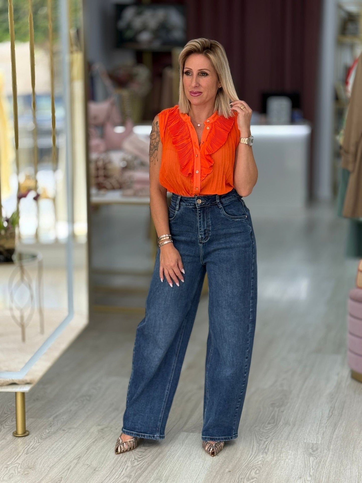 Calça de sarja com algodão de cintura subida