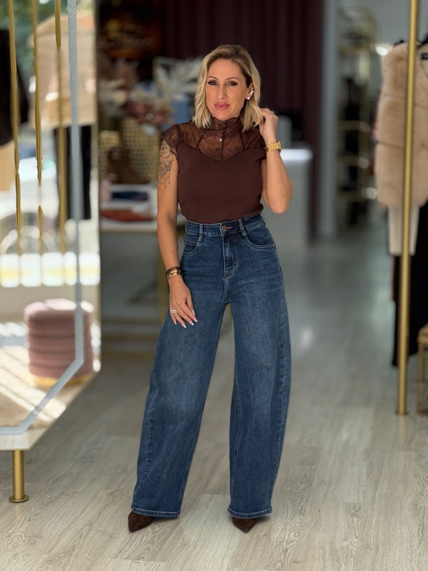 Calça de sarja com algodão de cintura subida