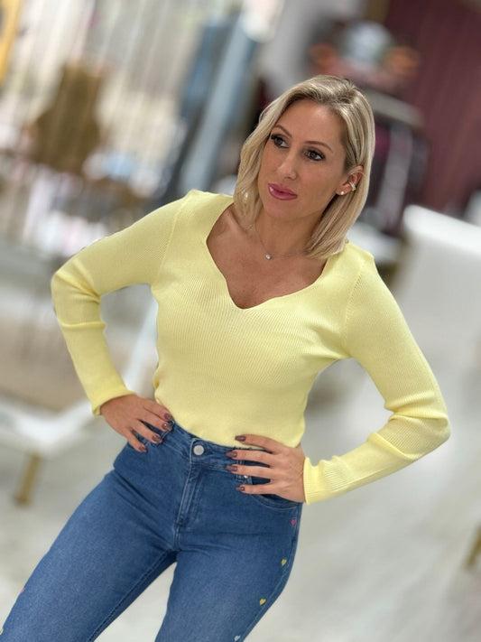 Camisola de malha canelada com decote em V (+ cores)