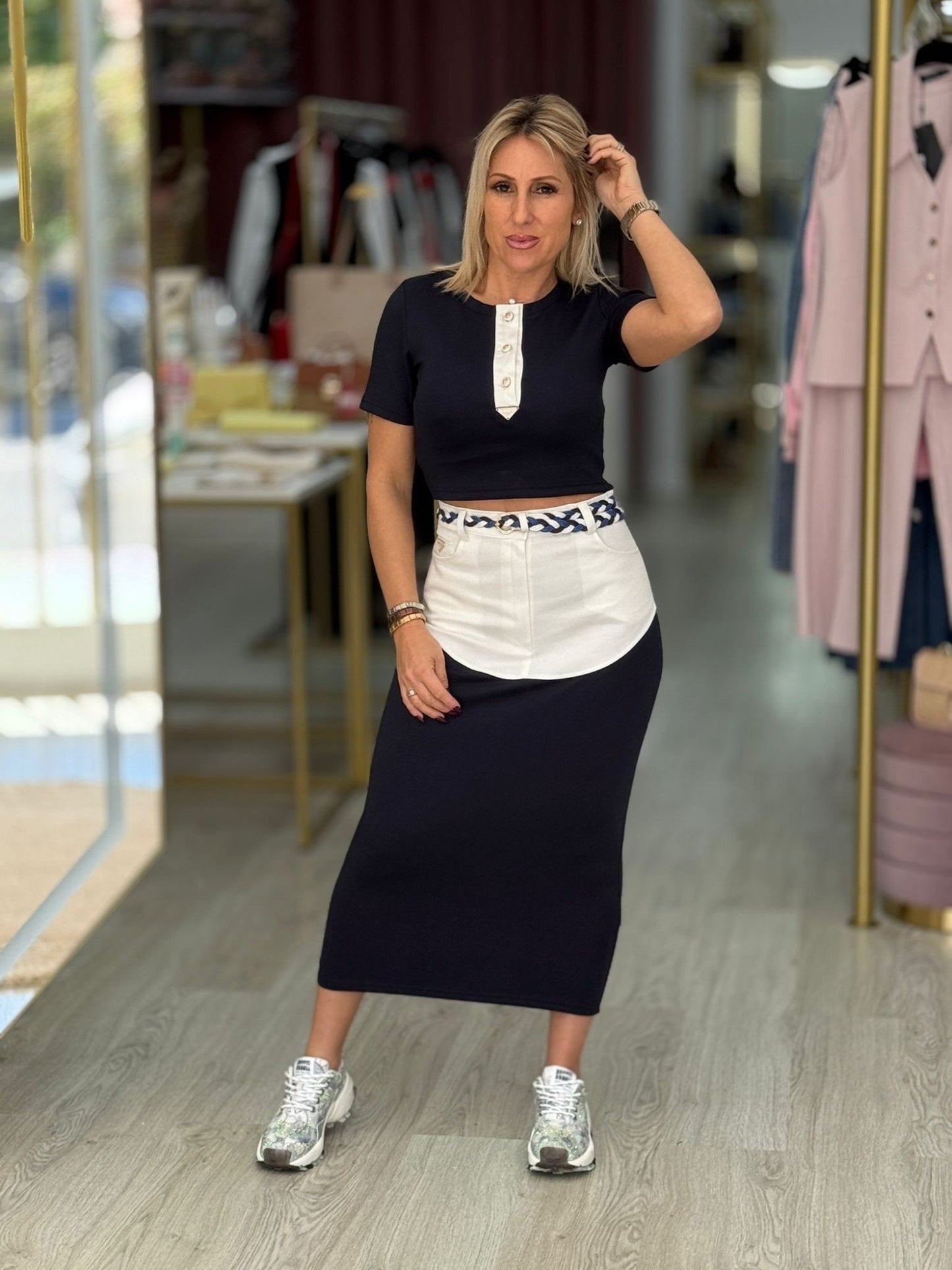 Saia Comprida com Tecidos Combinados