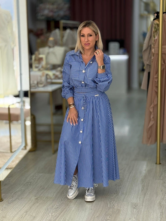 Saia Midi às Riscas com Cintura Franzida