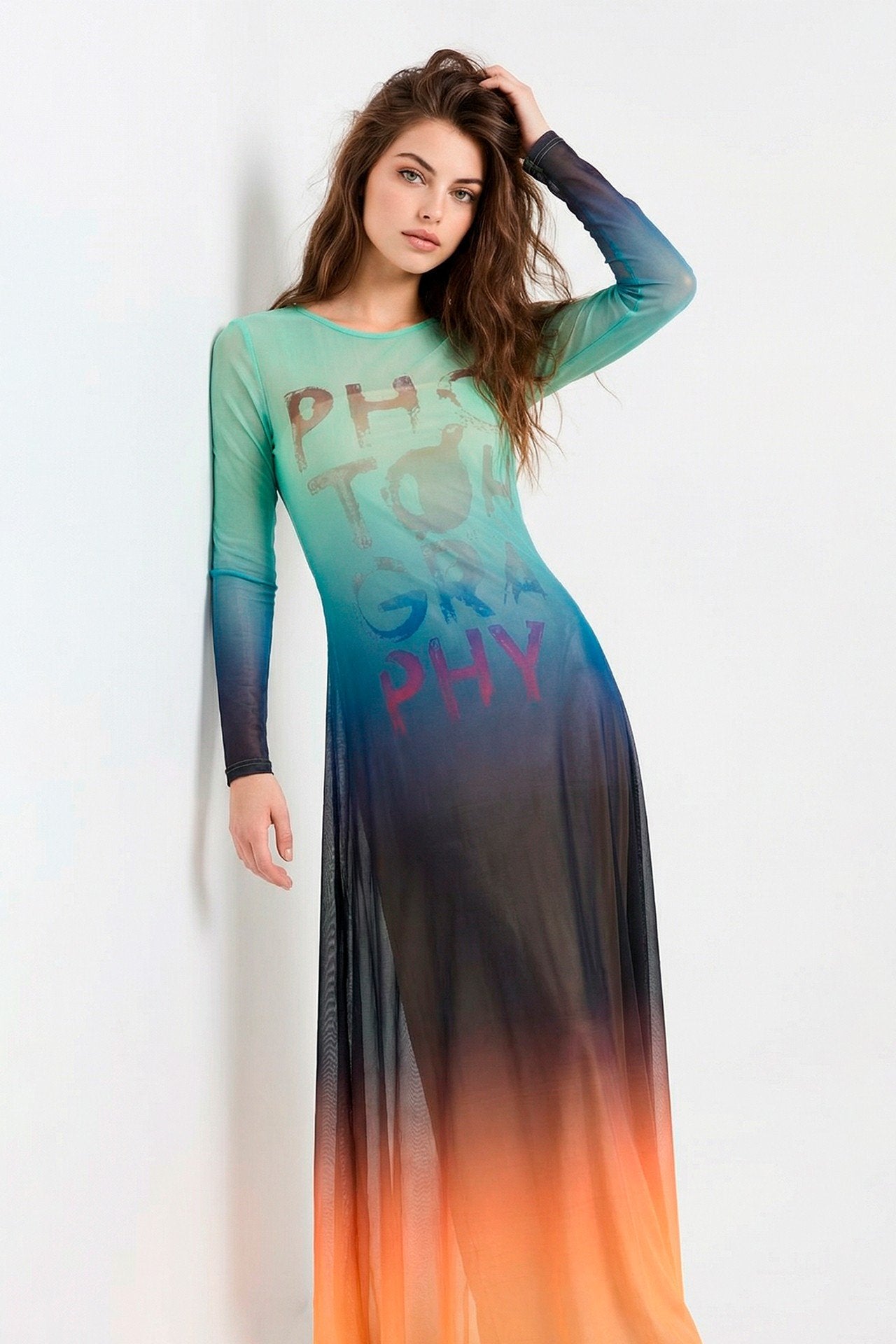 Vestido Comprido Estampado com Manga Comprida