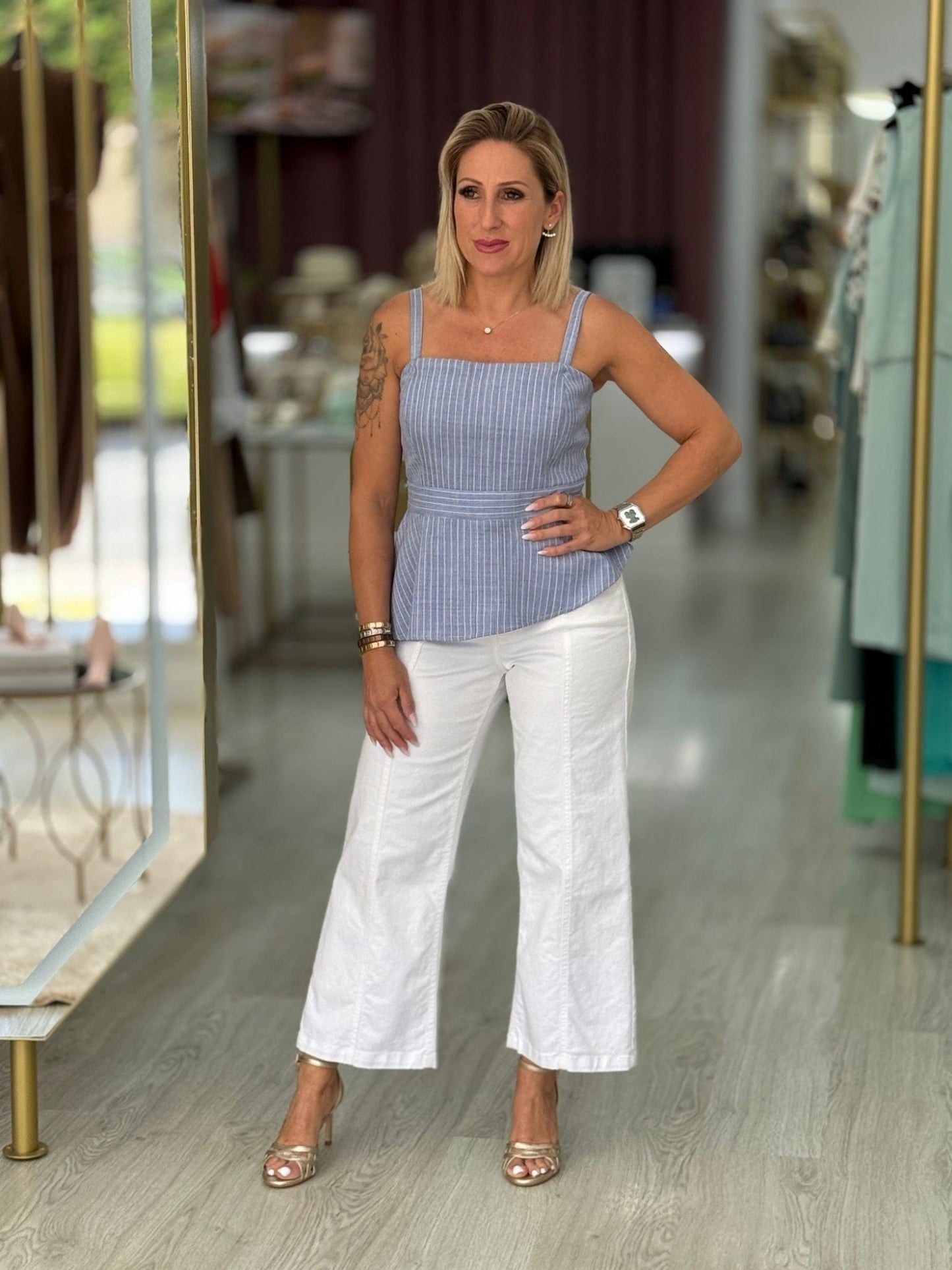 Top Peplum com Riscas e Alças Removíveis