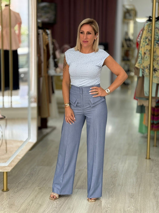 Calças azul denim pala dupla