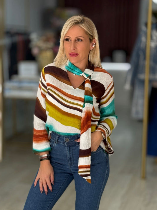 Túnica gola fita ajustável estampado abstrato