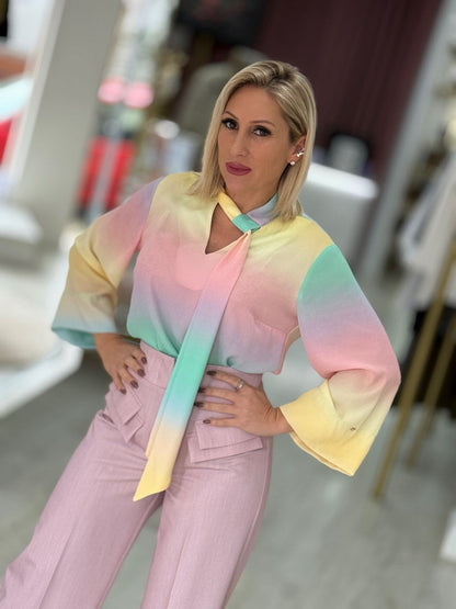 Túnica gola fita ajustável estampado tons pastel