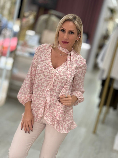 Túnica estampada folhos e laçada