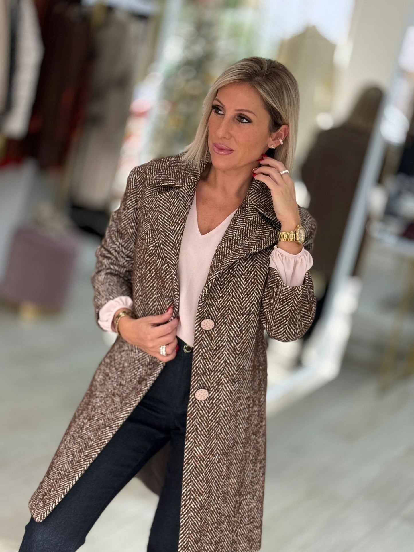 Casaco de fazenda em tweed com padrão espinha