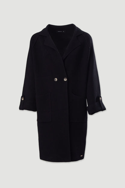 Casaco comprido em malha com bolsos frontais