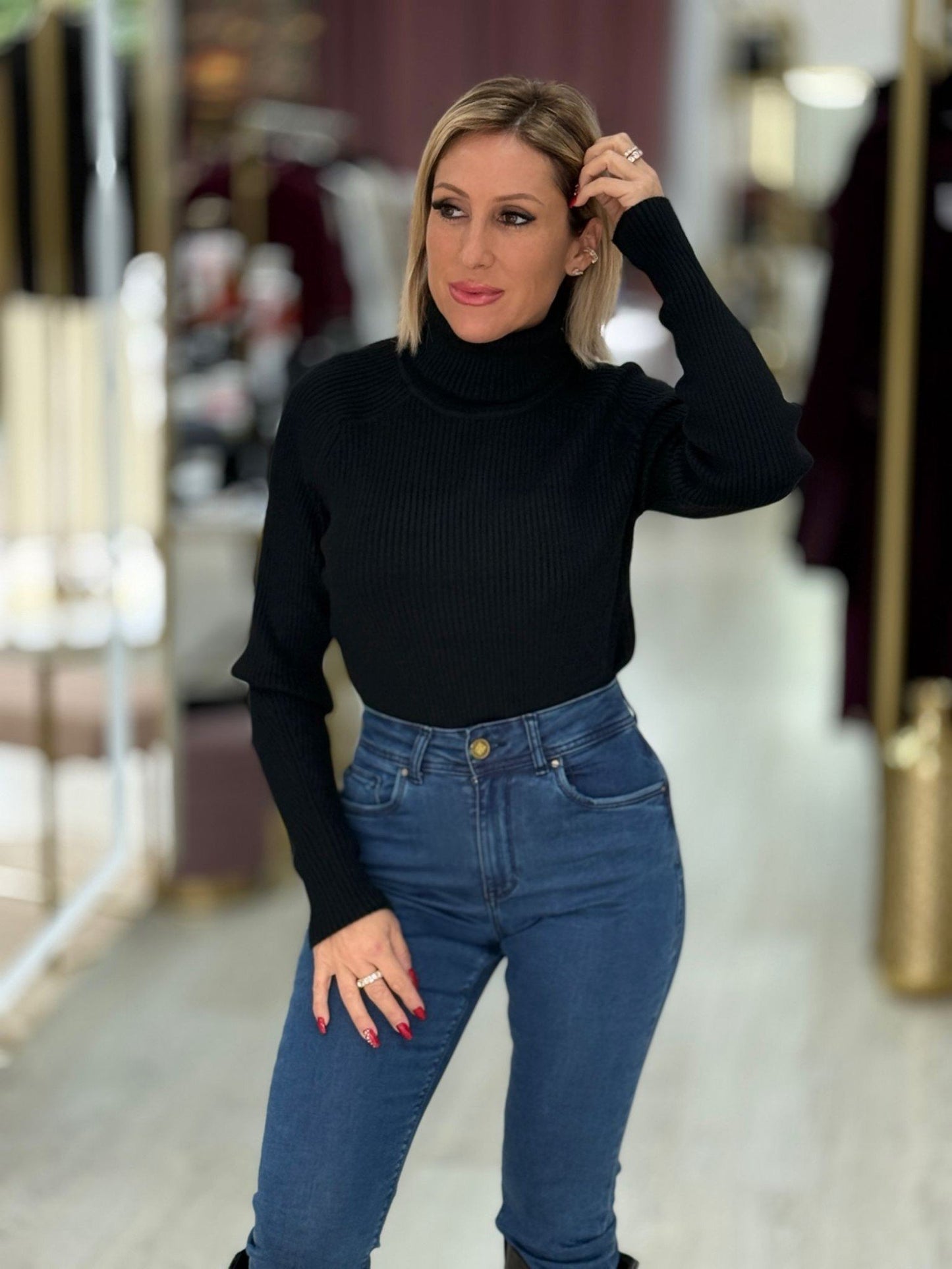 Camisola de malha canelada com gola alta (+ cores)